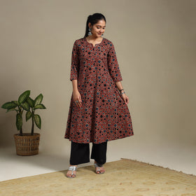 Red Block Print Natural Dyed Cotton A-Line Ajrakh Kurta