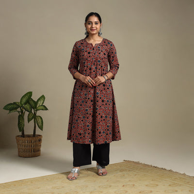 Red Block Print Natural Dyed Cotton A-Line Ajrakh Kurta
