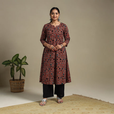 Red Block Print Natural Dyed Cotton A-Line Ajrakh Kurta