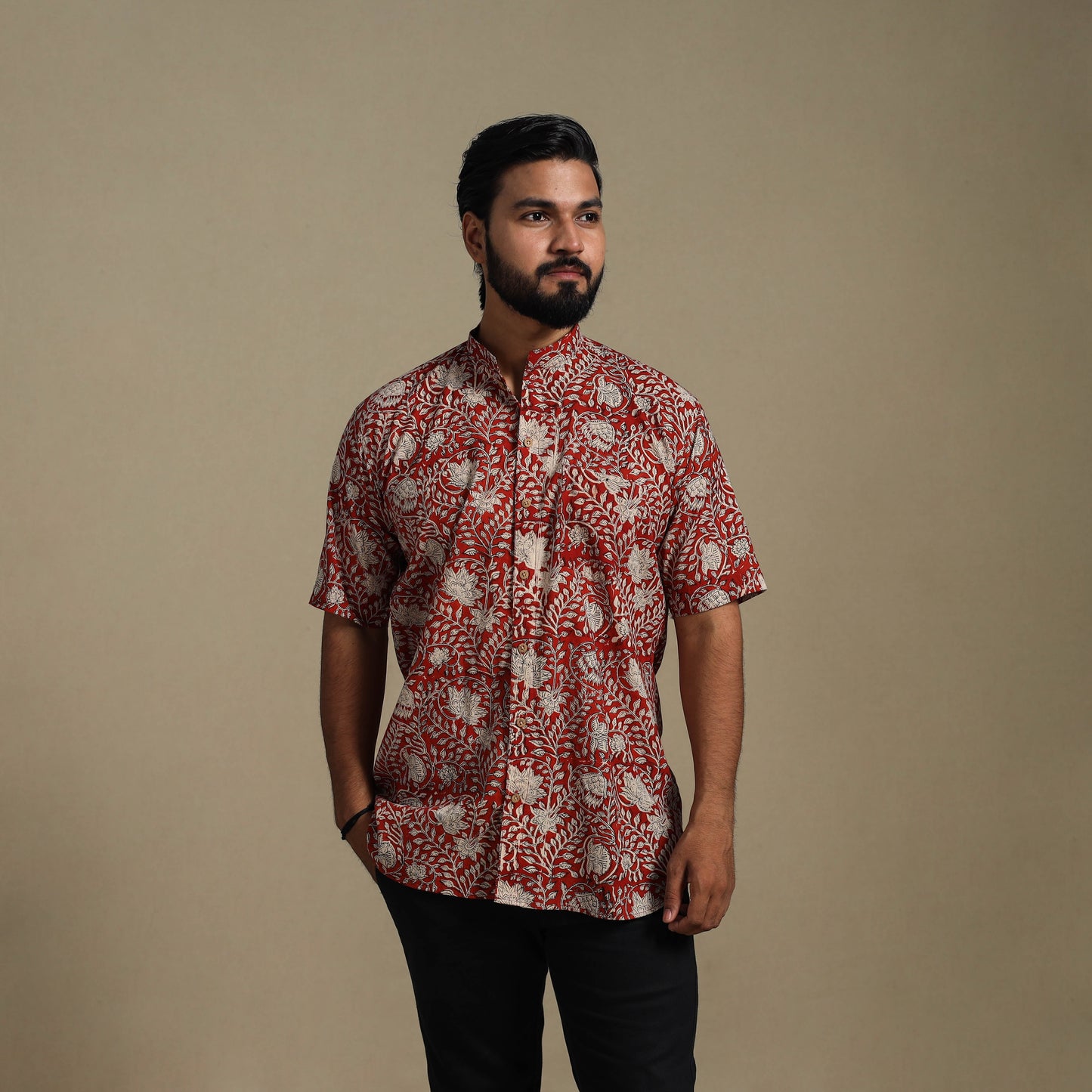 Red - natural dyed cotton men half sleeve bagru shirt 06