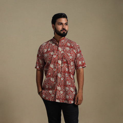 Red - natural dyed cotton men half sleeve bagru shirt 06