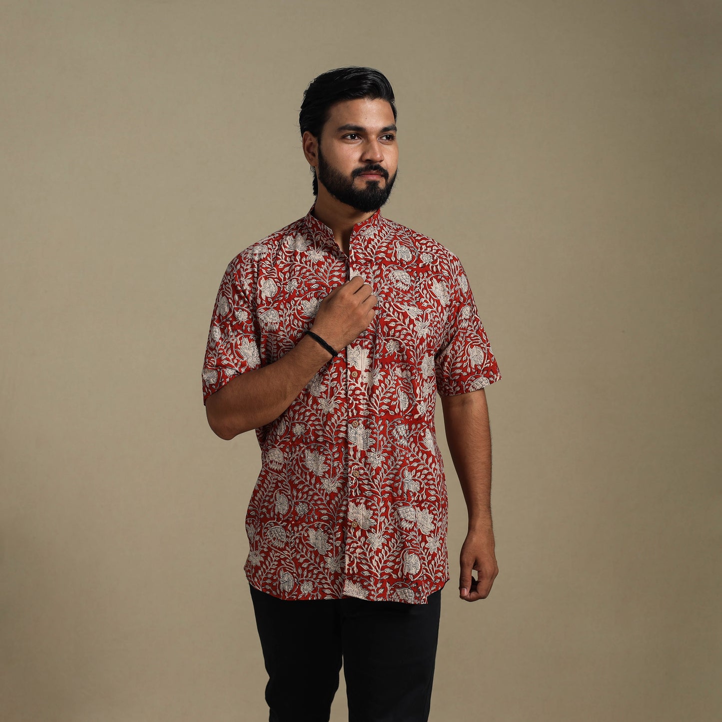 Red - natural dyed cotton men half sleeve bagru shirt 06