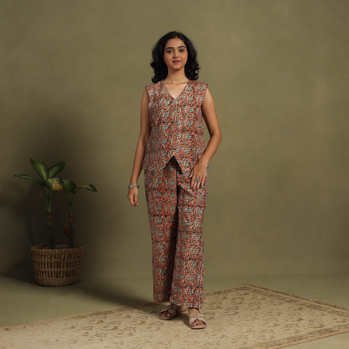 Red Natural Dyed Block Print Cotton Pedana Kalamkari Co-ord Set