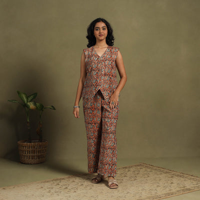 Red Natural Dyed Block Print Cotton Pedana Kalamkari Co-ord Set