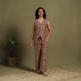 Red Natural Dyed Block Print Cotton Pedana Kalamkari Co-ord Set