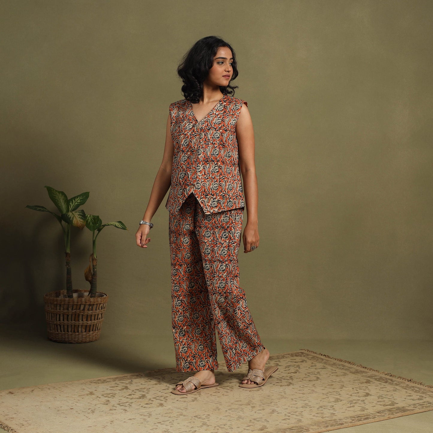 Red Natural Dyed Block Print Cotton Pedana Kalamkari Co-ord Set