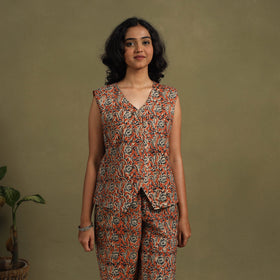 Red Natural Dyed Block Print Cotton Pedana Kalamkari Co-ord Set