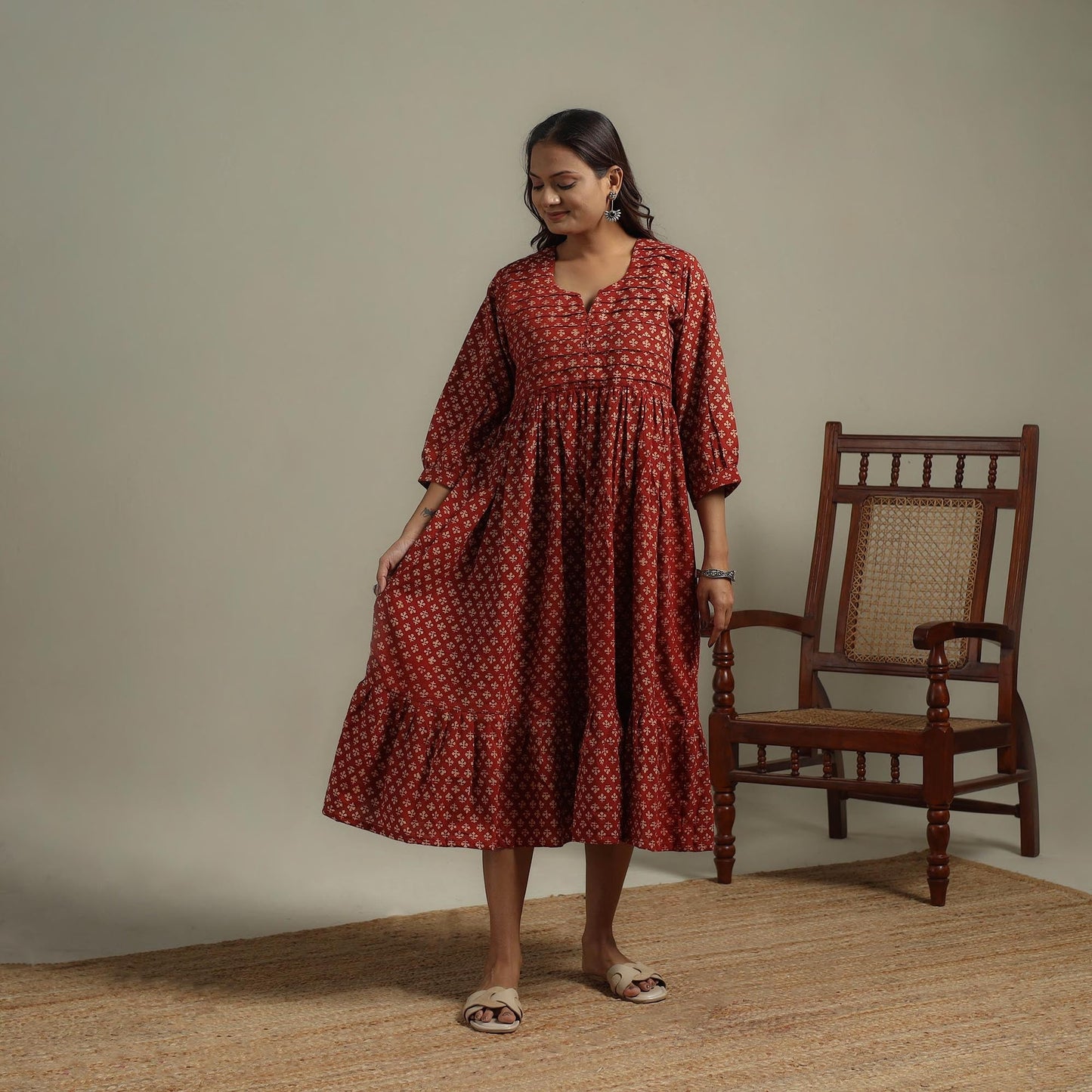 Natural dyed cotton pintuck tiered dress 03 - handcrafted