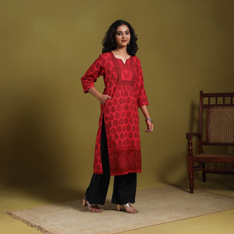 Red - natural dyed cotton straight bagh kurta 03