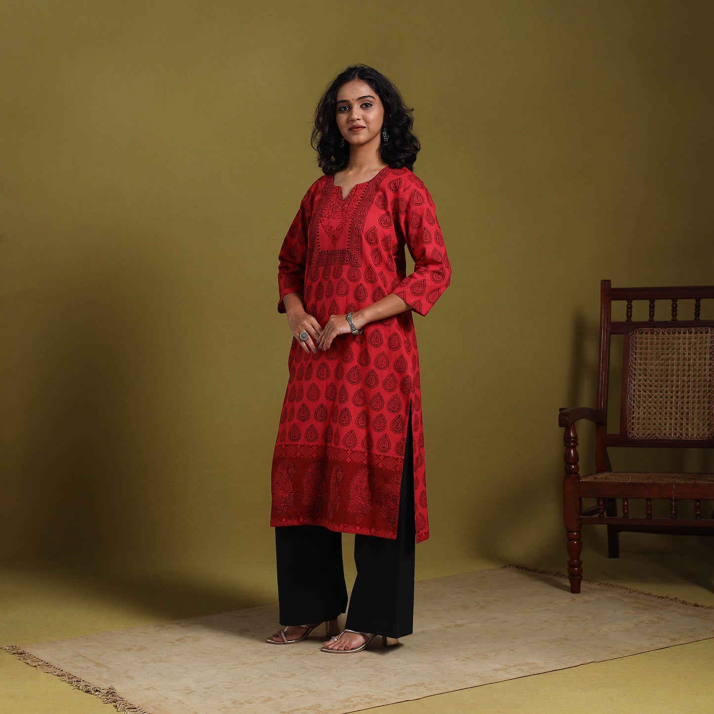 Red - natural dyed cotton straight bagh kurta 03