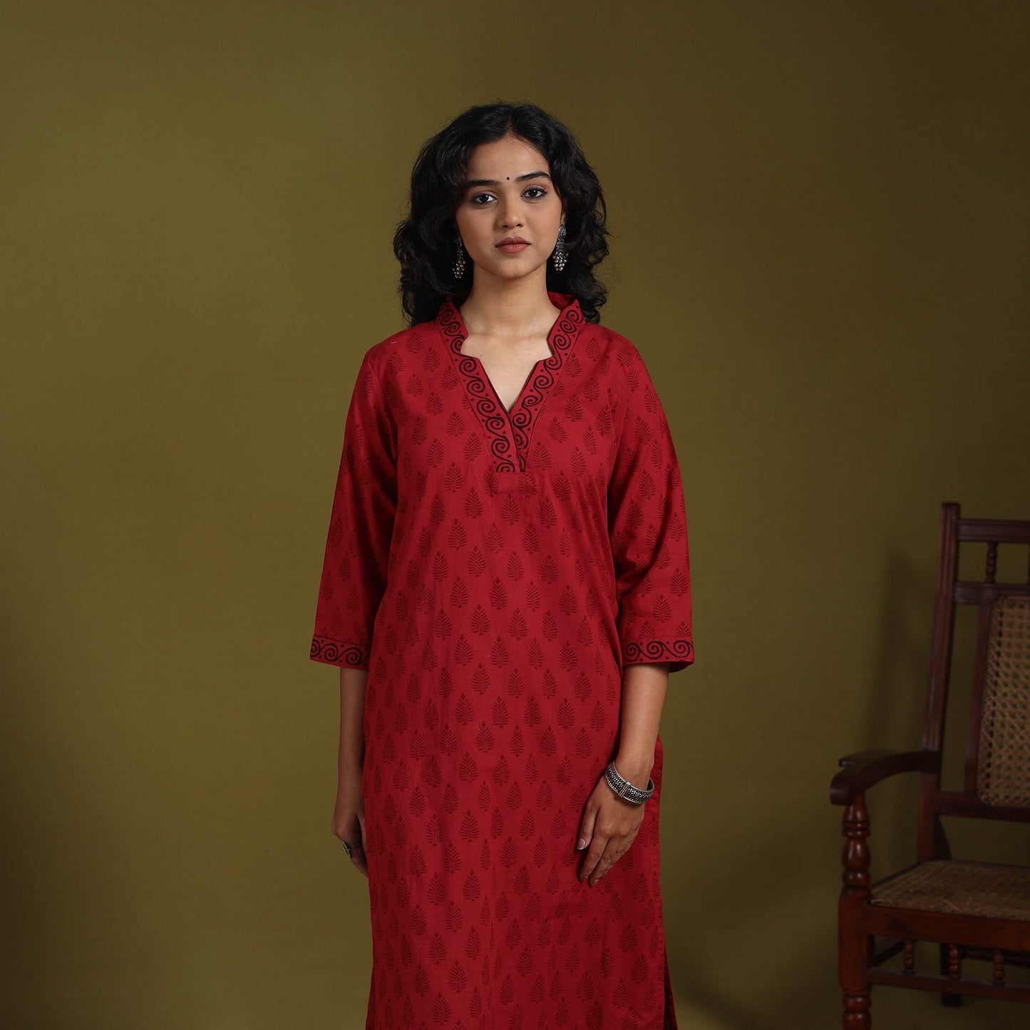 Red - natural dyed cotton straight bagh kurta 15