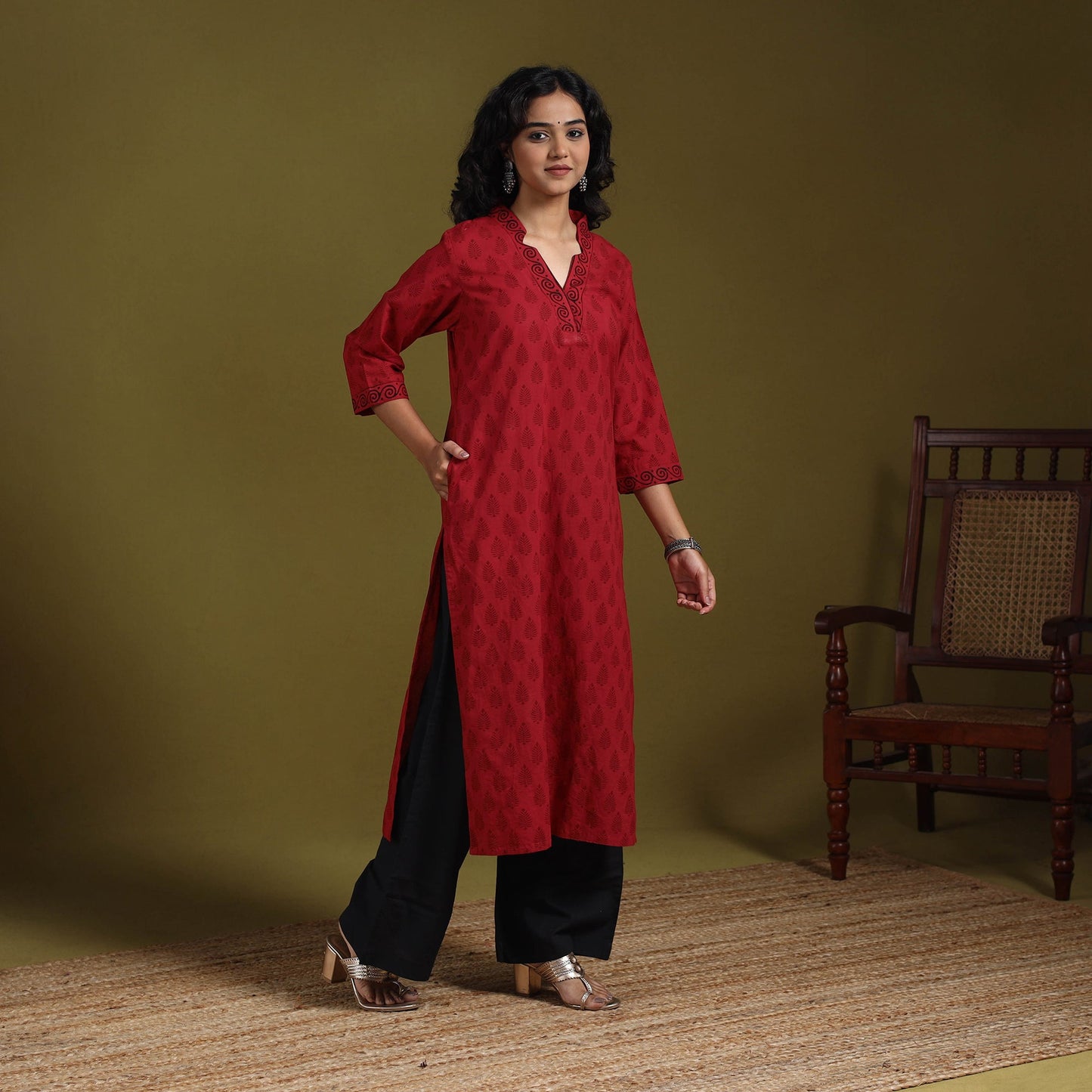Red - natural dyed cotton straight bagh kurta 15