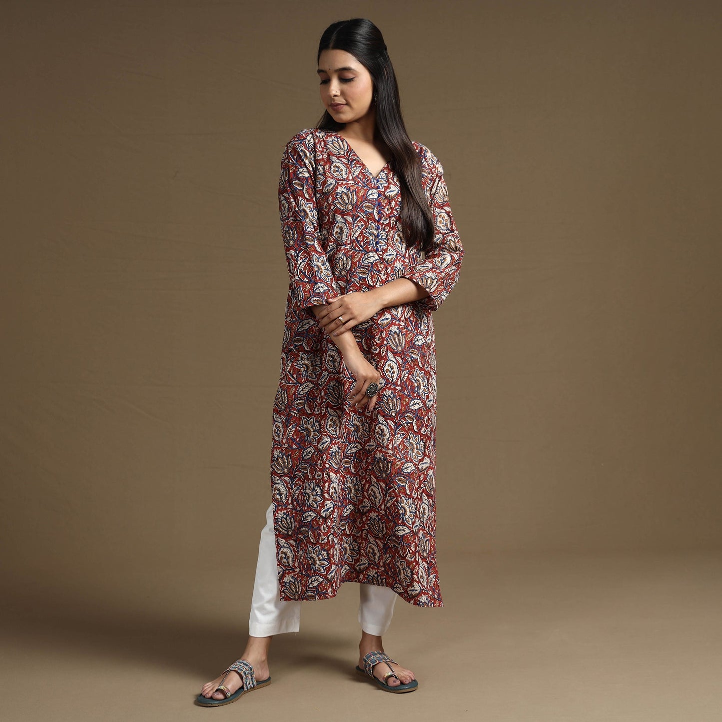 Red Block Print Natural Dyed Cotton Straight Bagru Kurta