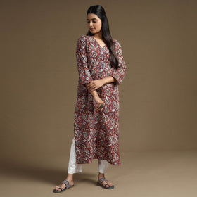 Red Block Print Natural Dyed Cotton Straight Bagru Kurta
