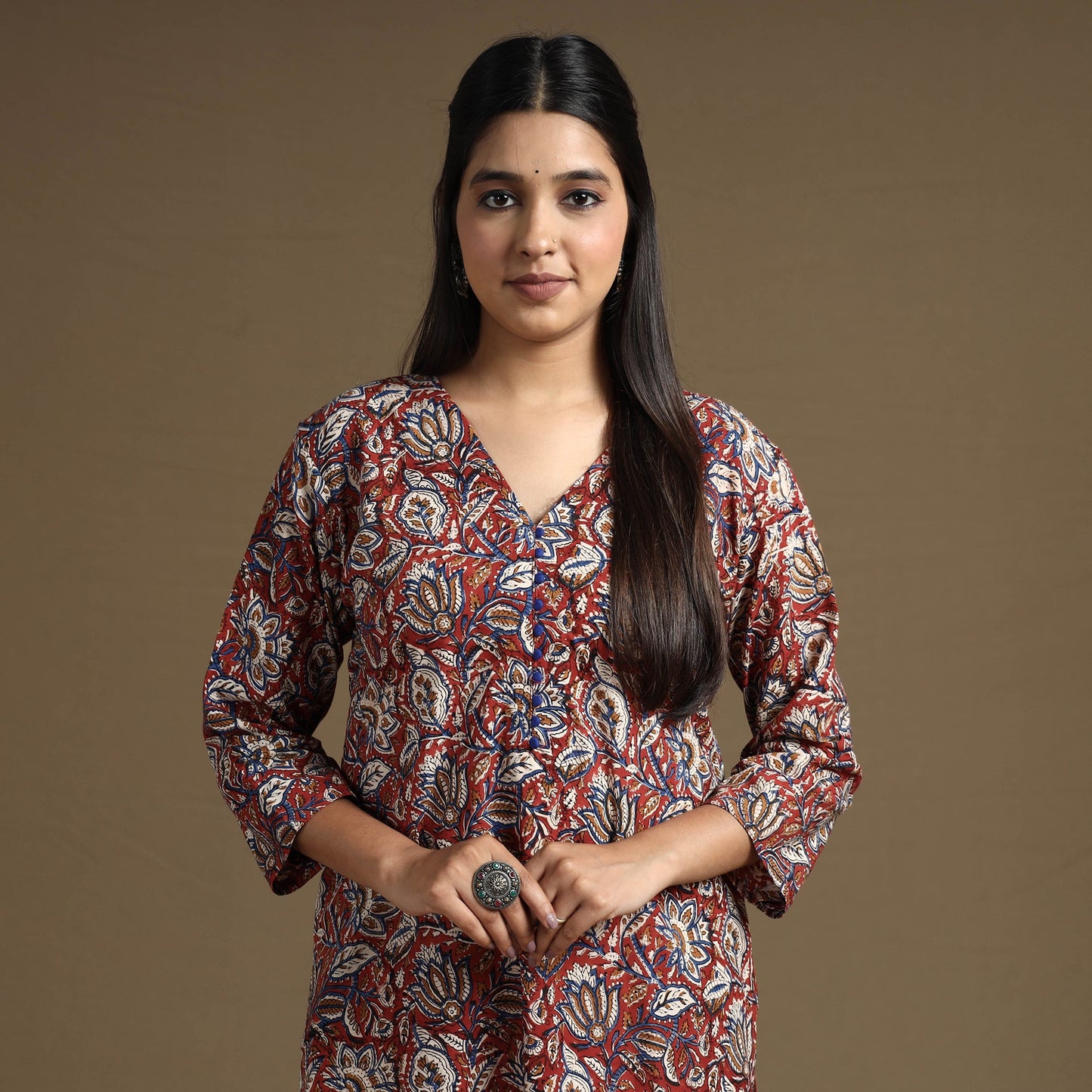 Red Block Print Natural Dyed Cotton Straight Bagru Kurta