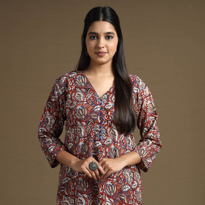 Red Block Print Natural Dyed Cotton Straight Bagru Kurta