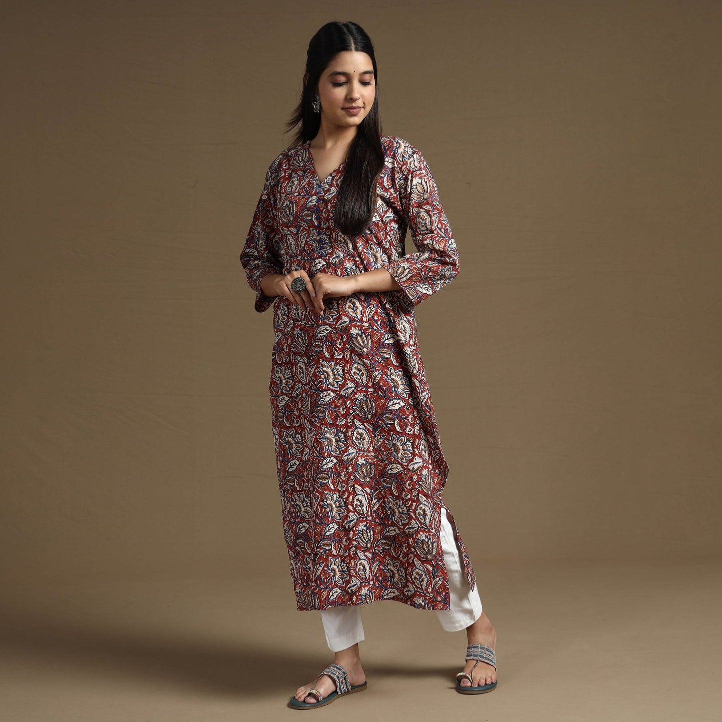 Red Block Print Natural Dyed Cotton Straight Bagru Kurta