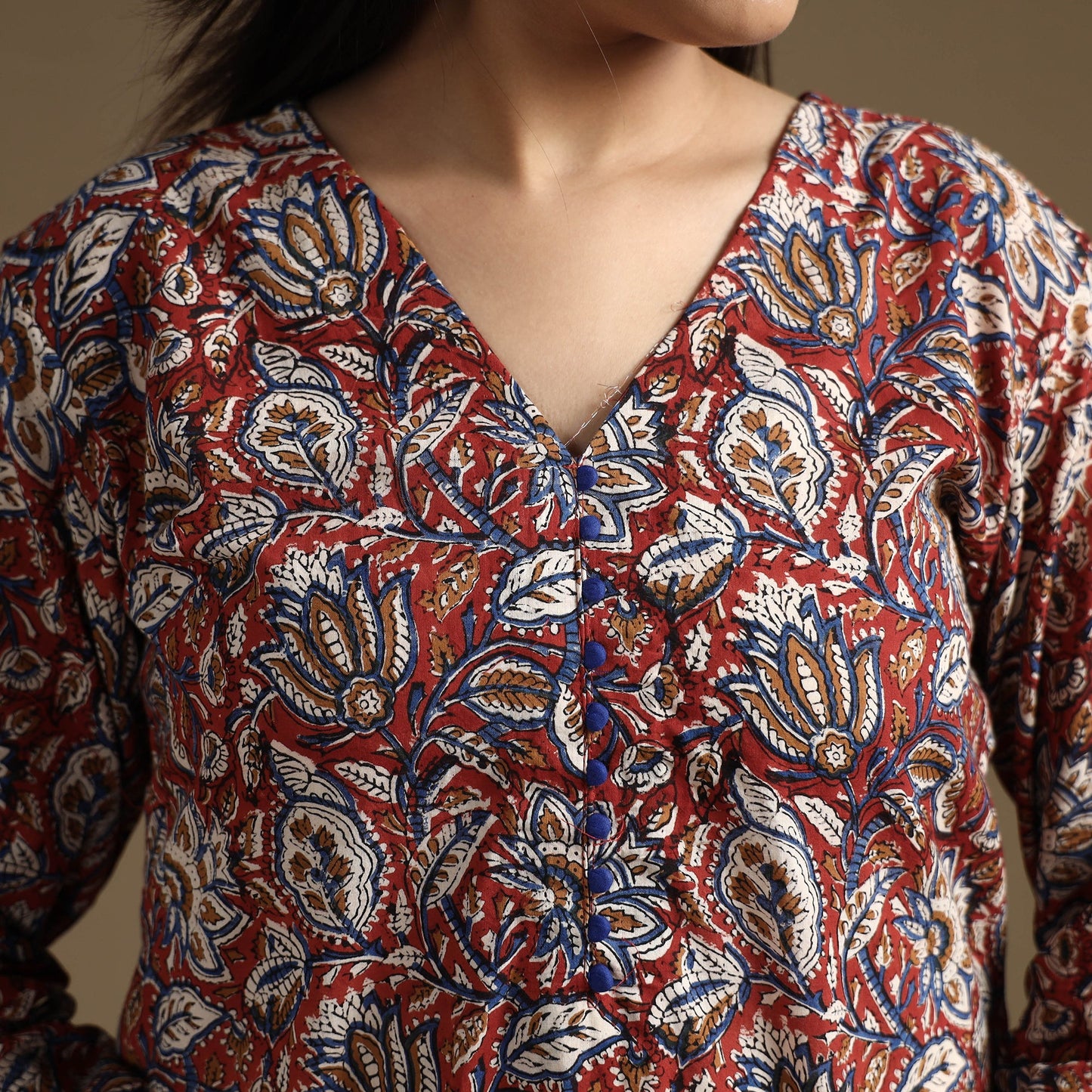 Red Block Print Natural Dyed Cotton Straight Bagru Kurta