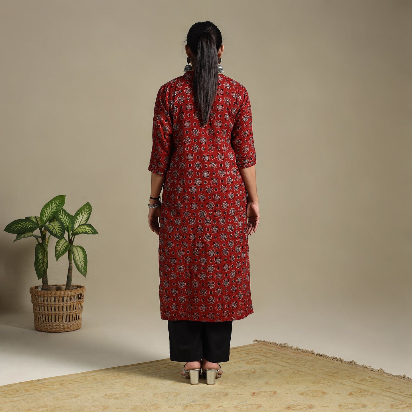 Red Block Print Natural Dyed Cotton Straight Ajrakh Kurta