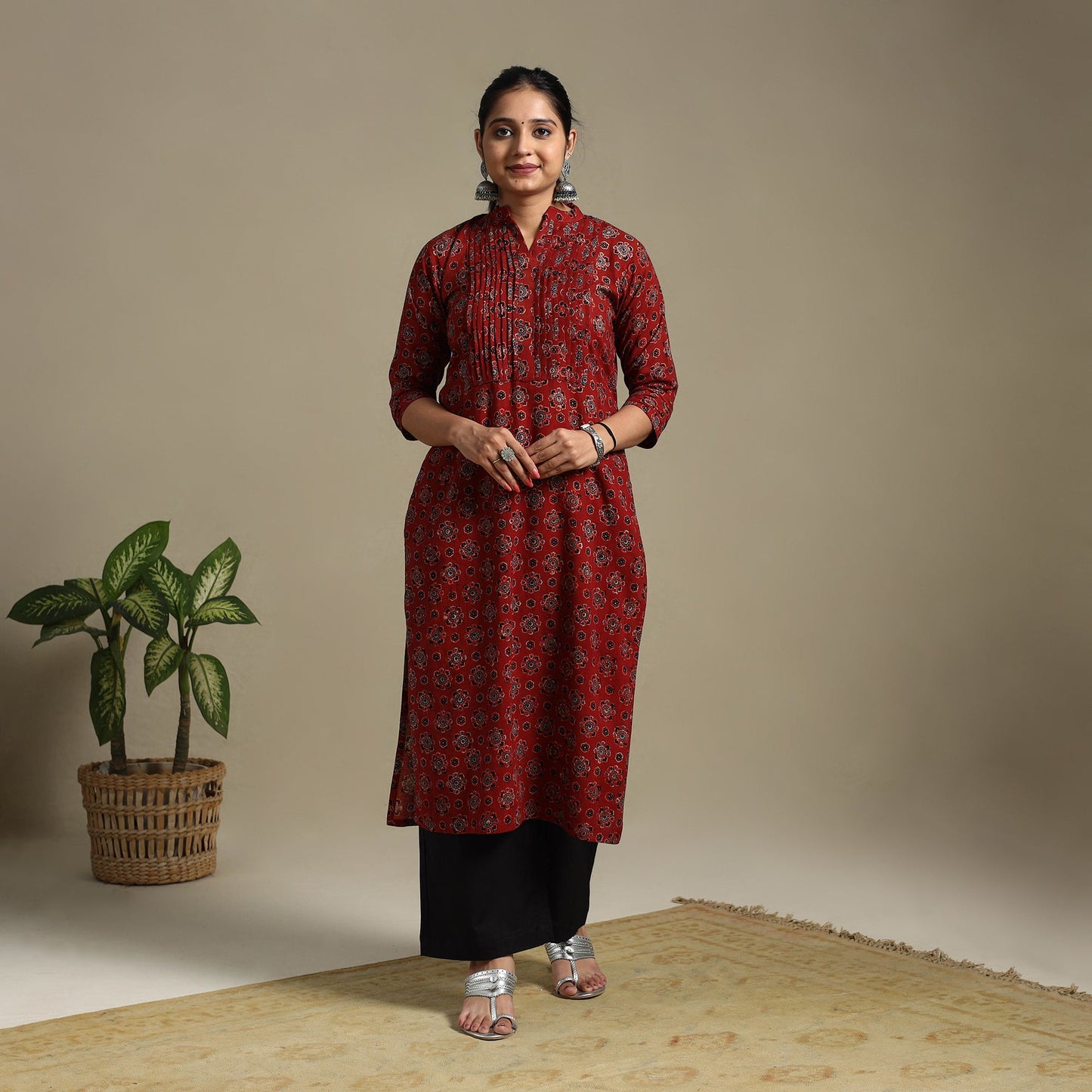 Red Block Print Natural Dyed Cotton Straight Ajrakh Kurta