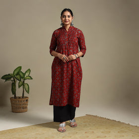 Red Block Print Natural Dyed Cotton Straight Ajrakh Kurta