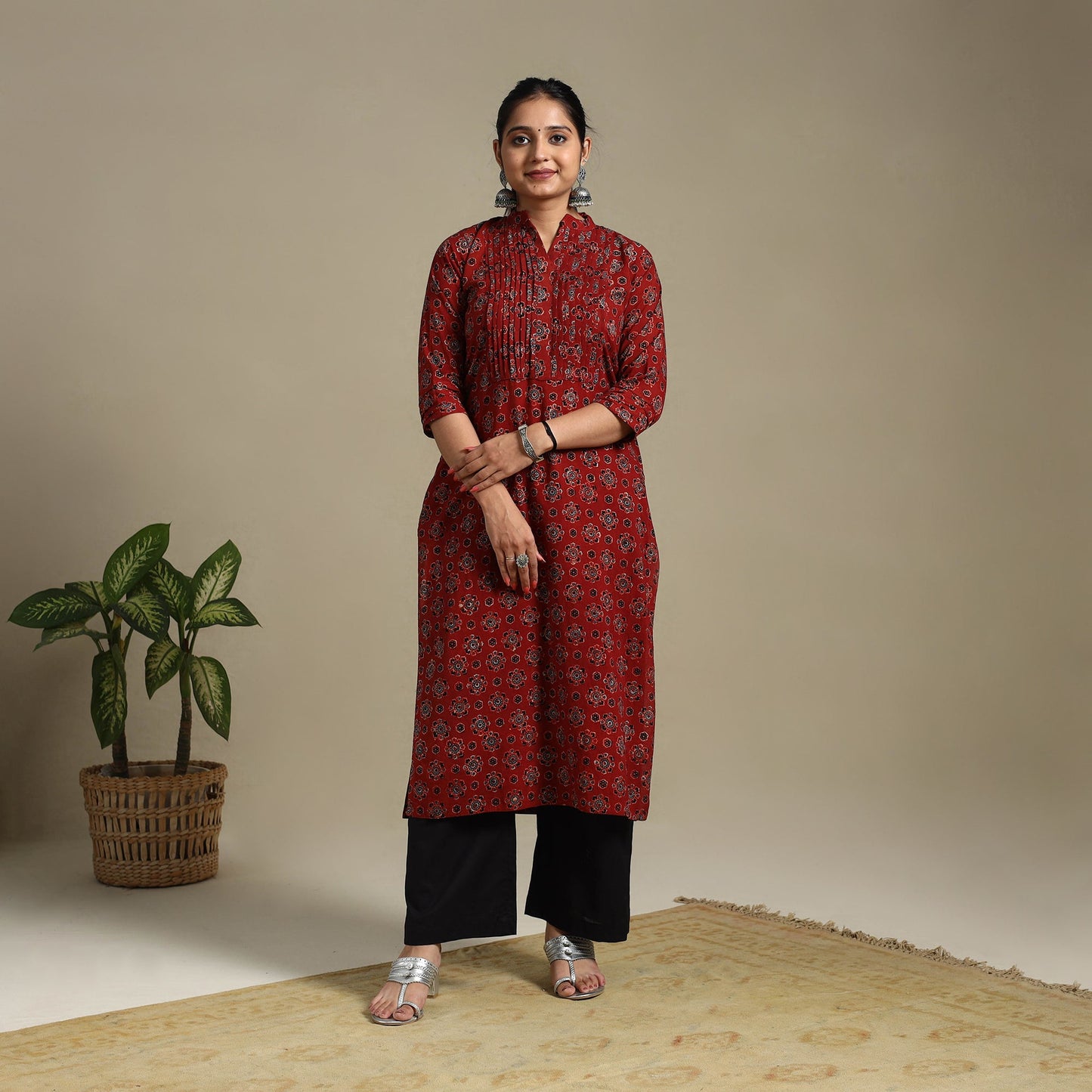 Red Block Print Natural Dyed Cotton Straight Ajrakh Kurta