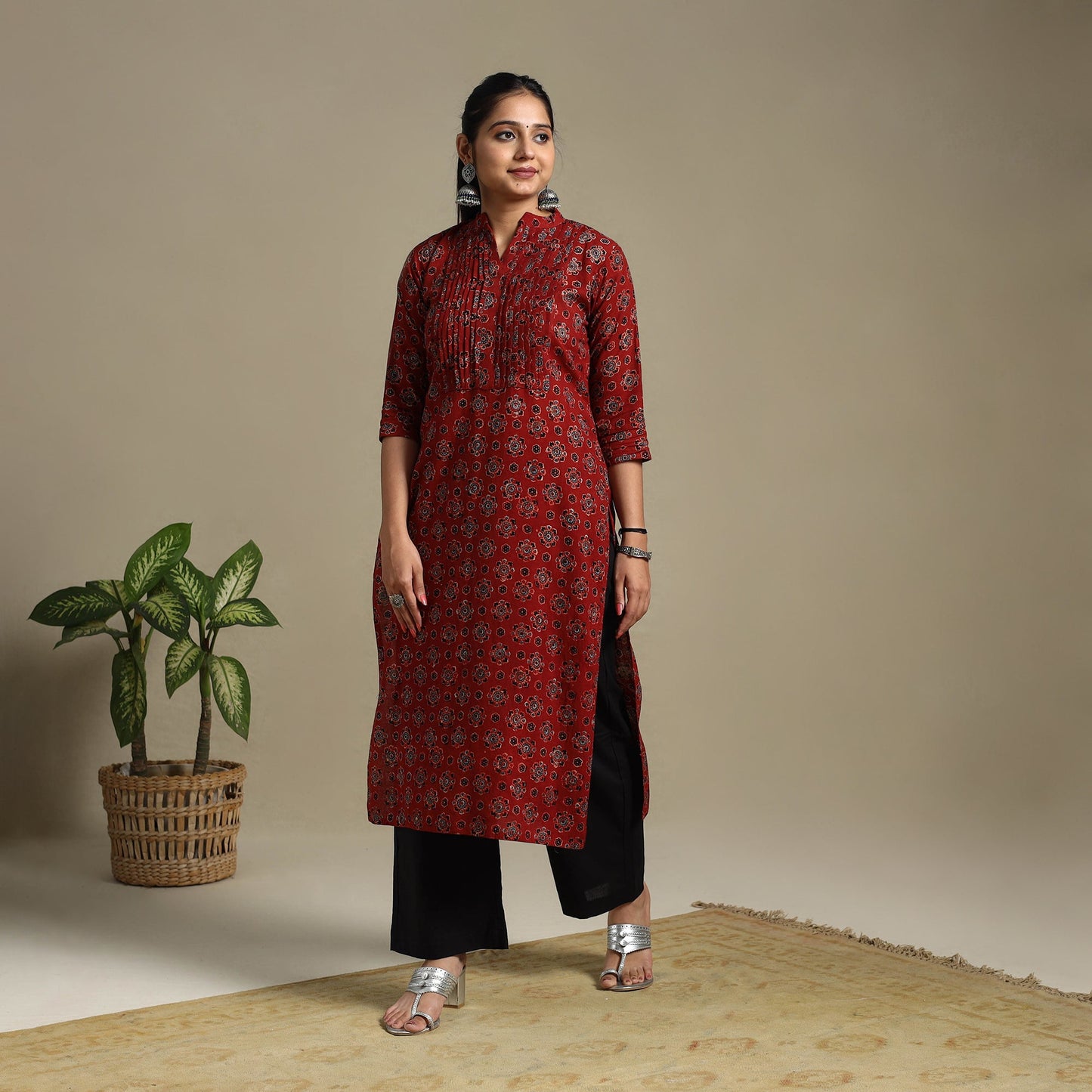 Red Block Print Natural Dyed Cotton Straight Ajrakh Kurta
