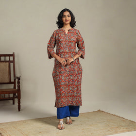 Red Natural Dyed Cotton Straight Pedana Kalamkari Print Kurta