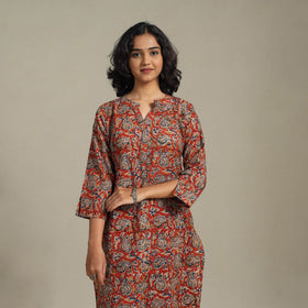 Red Natural Dyed Cotton Straight Pedana Kalamkari Print Kurta