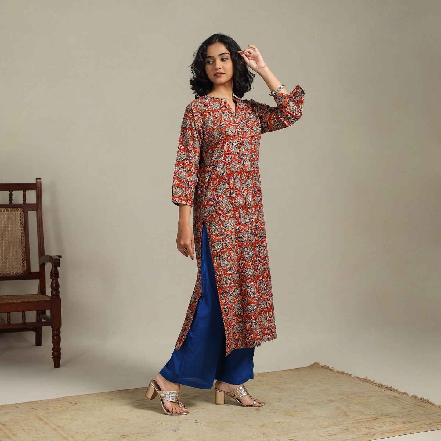 Red Natural Dyed Cotton Straight Pedana Kalamkari Print Kurta