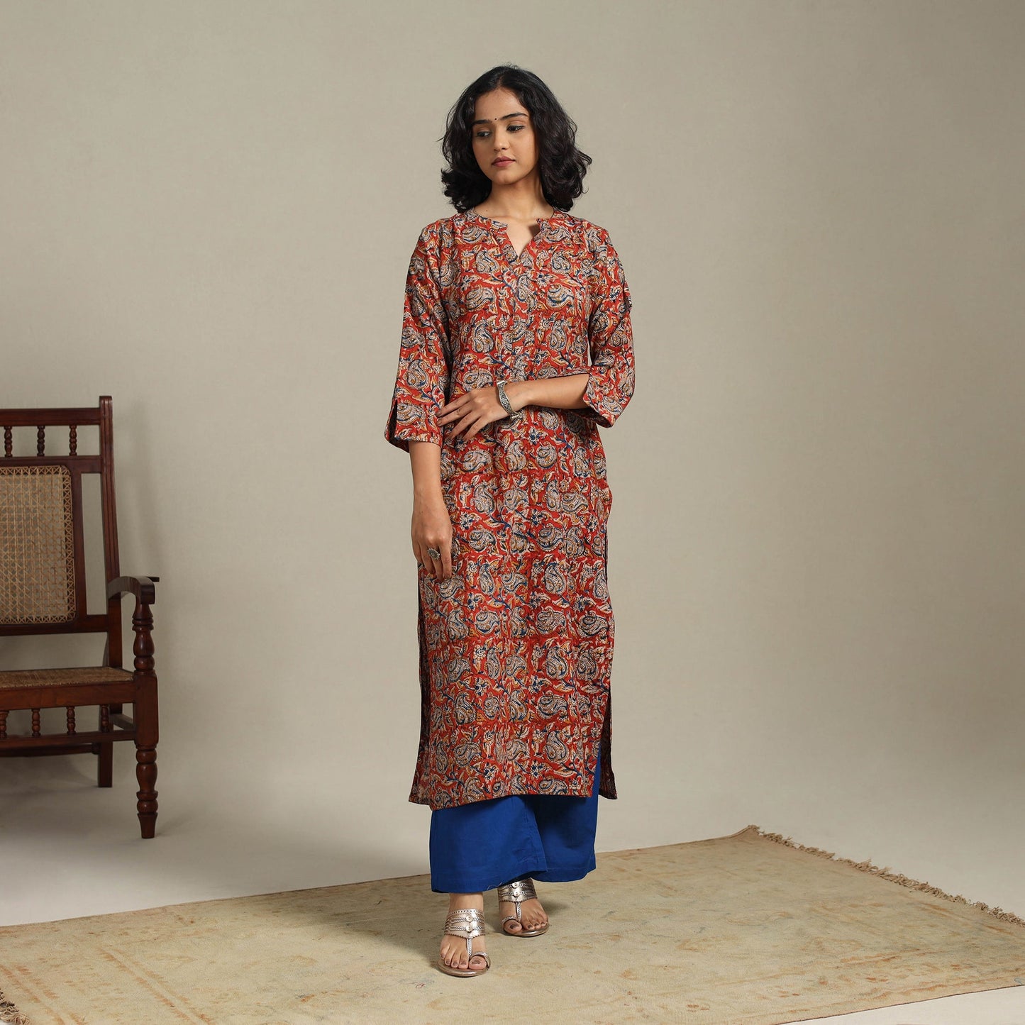 Red Natural Dyed Cotton Straight Pedana Kalamkari Print Kurta