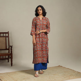 Red Natural Dyed Cotton Straight Pedana Kalamkari Print Kurta