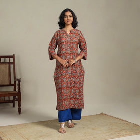 Red Natural Dyed Cotton Straight Pedana Kalamkari Print Kurta