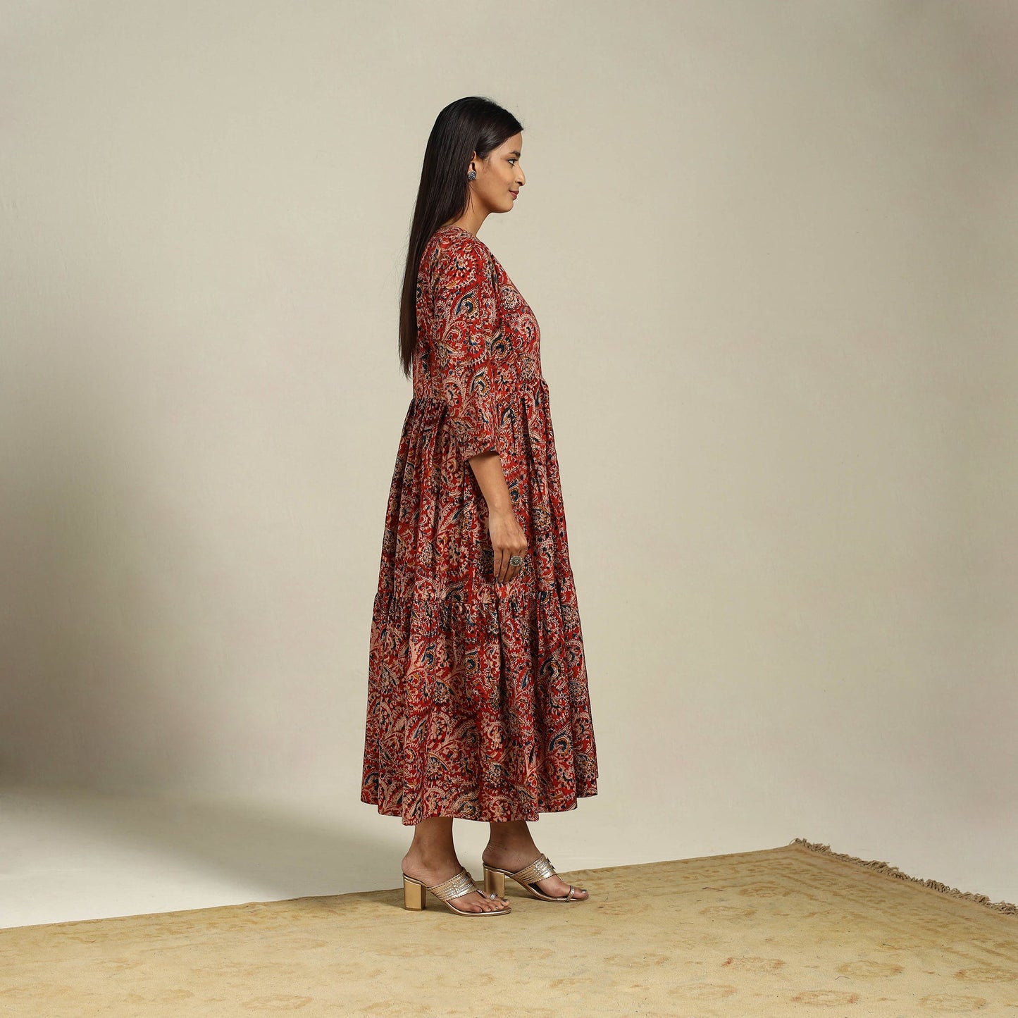 Red Block Print Natural Dyed Cotton Tiered Kalamkari Dress