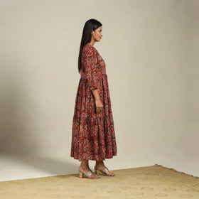 Red Block Print Natural Dyed Cotton Tiered Kalamkari Dress
