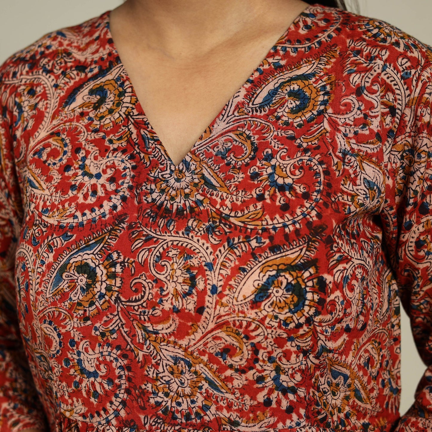 Red Block Print Natural Dyed Cotton Tiered Kalamkari Dress