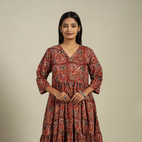 Red Block Print Natural Dyed Cotton Tiered Kalamkari Dress