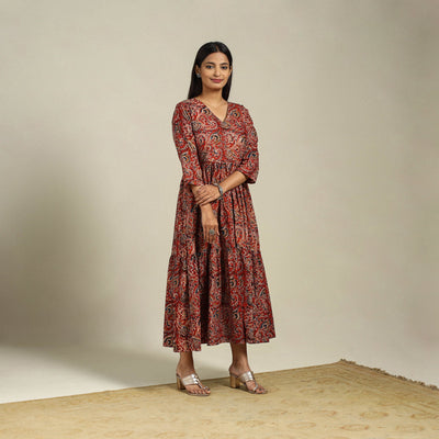 Red Block Print Natural Dyed Cotton Tiered Kalamkari Dress