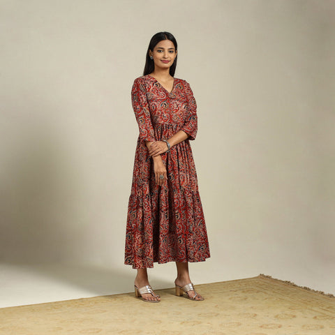 Red Block Print Natural Dyed Cotton Tiered Kalamkari Dress