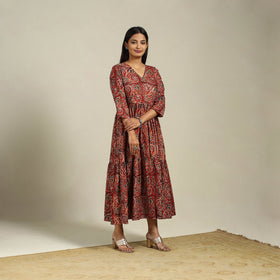 Red Block Print Natural Dyed Cotton Tiered Kalamkari Dress
