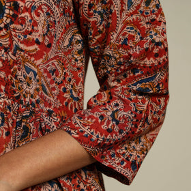 Red Block Print Natural Dyed Cotton Tiered Kalamkari Dress