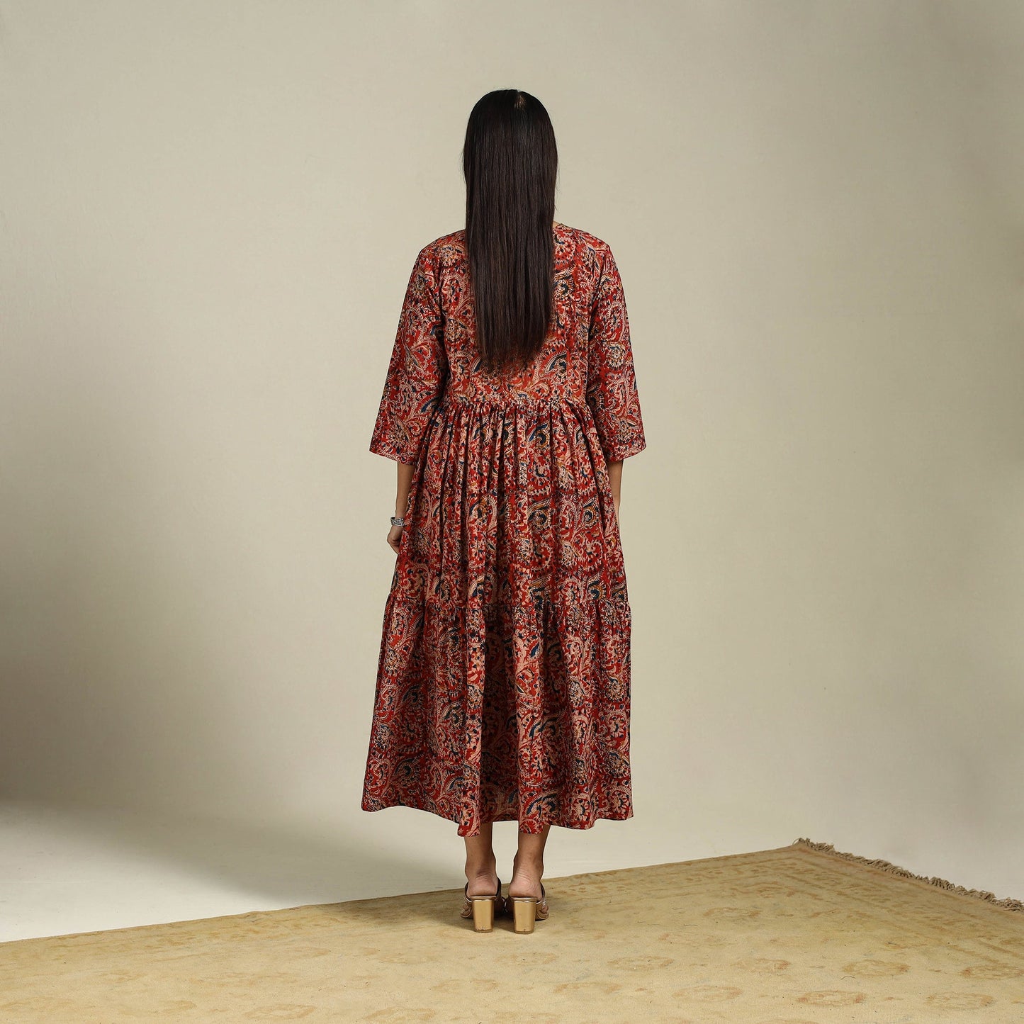 Red Block Print Natural Dyed Cotton Tiered Kalamkari Dress