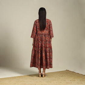 Red Block Print Natural Dyed Cotton Tiered Kalamkari Dress
