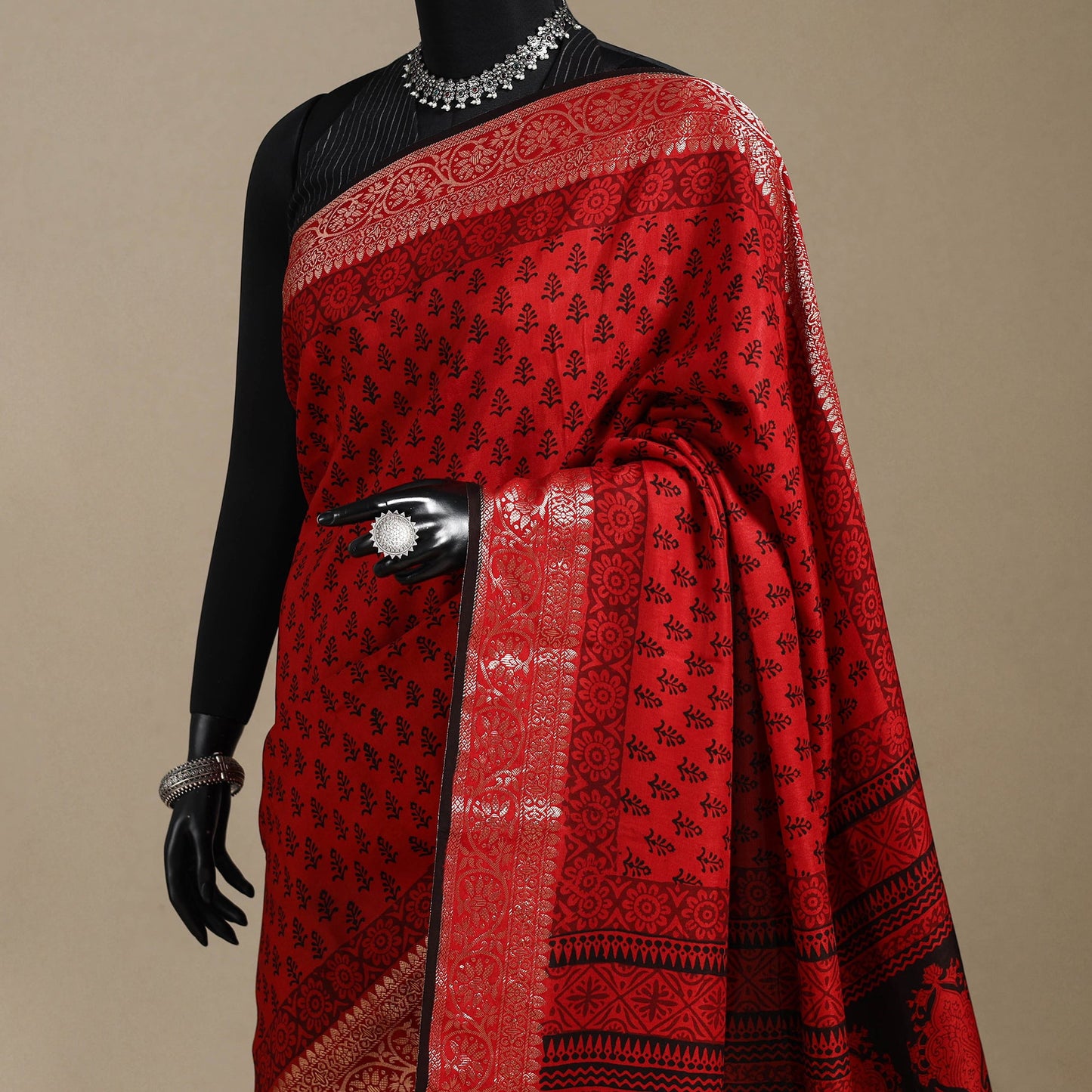 Red - natural dyed dola silk bagh saree with zari border 15