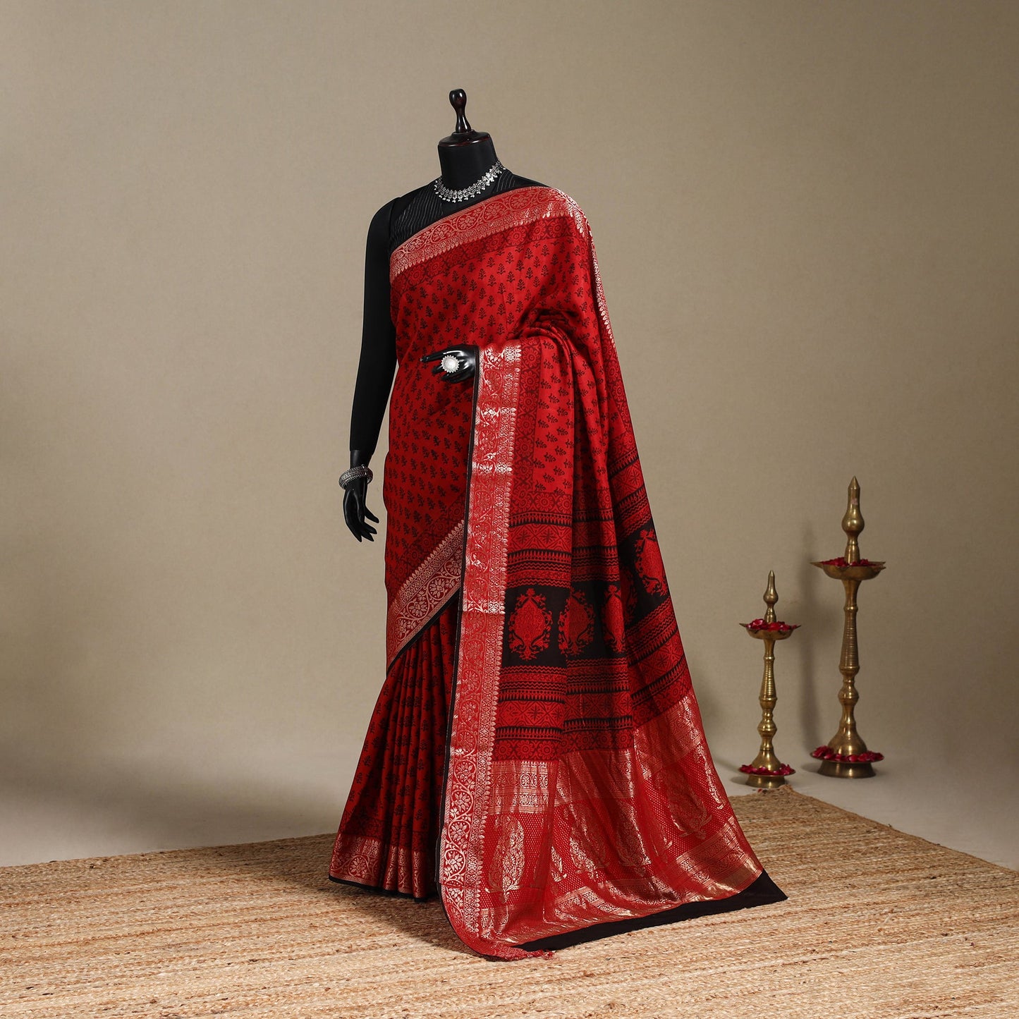 Red - natural dyed dola silk bagh saree with zari border 15