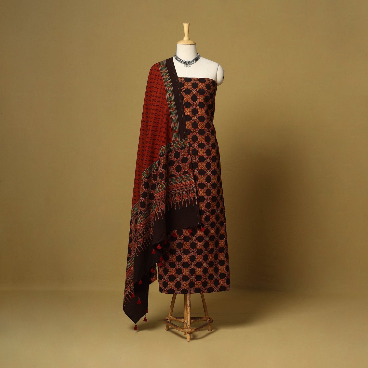 Red - natural dyed hand 3pc unstitched dress material 15