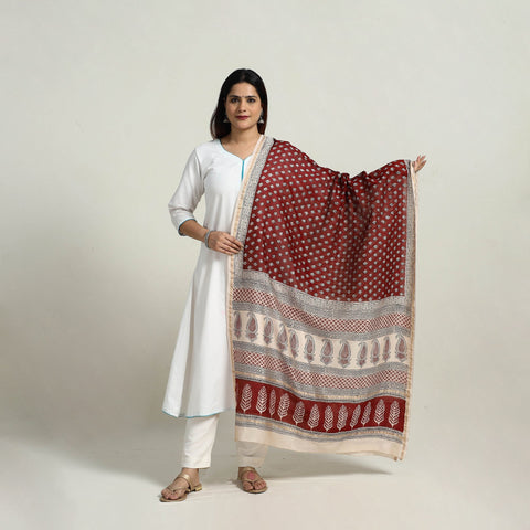 Buy Red Natural Dyed Hand Block Print Chanderi Silk Bagh Dupatta