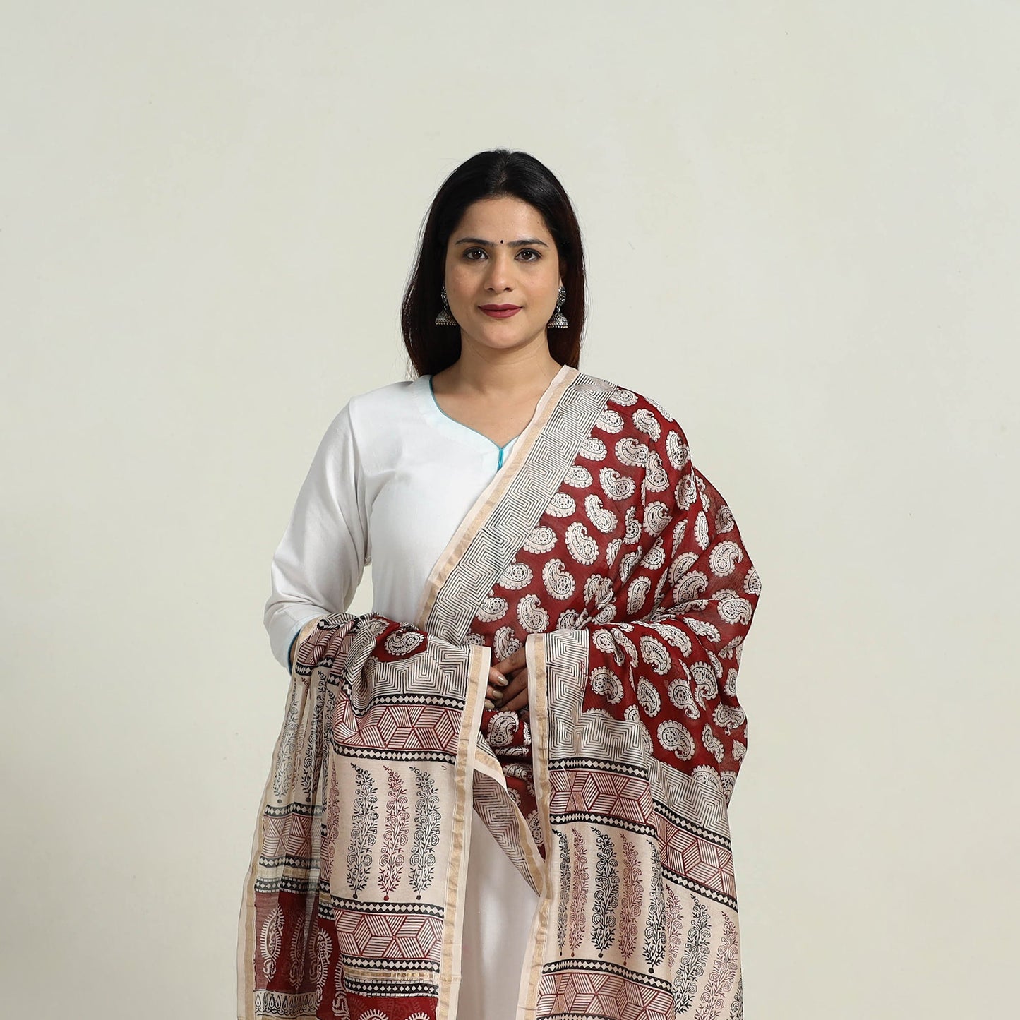  Red Natural Dyed Hand Block Print Chanderi Silk Bagh Dupatta