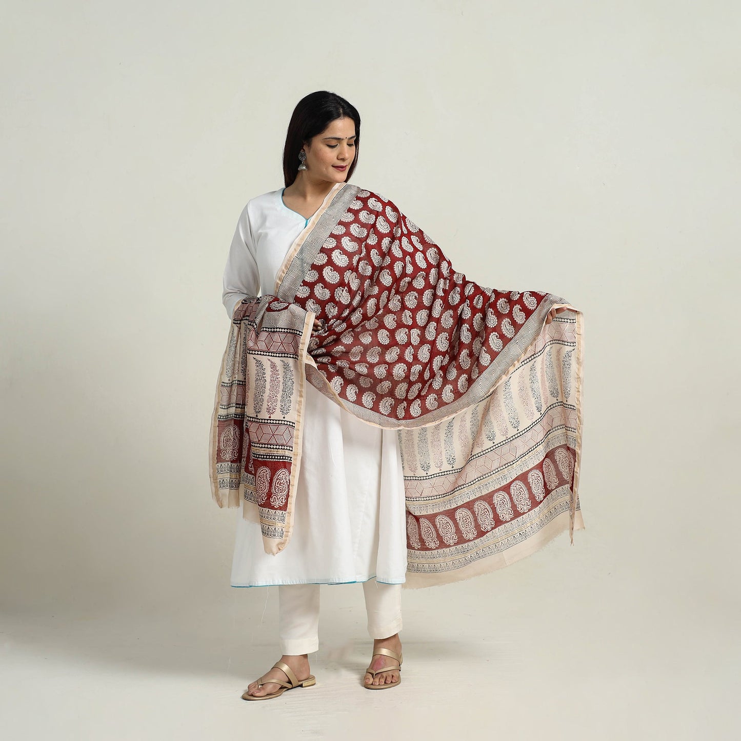  Red Natural Dyed Hand Block Print Chanderi Silk Bagh Dupatta