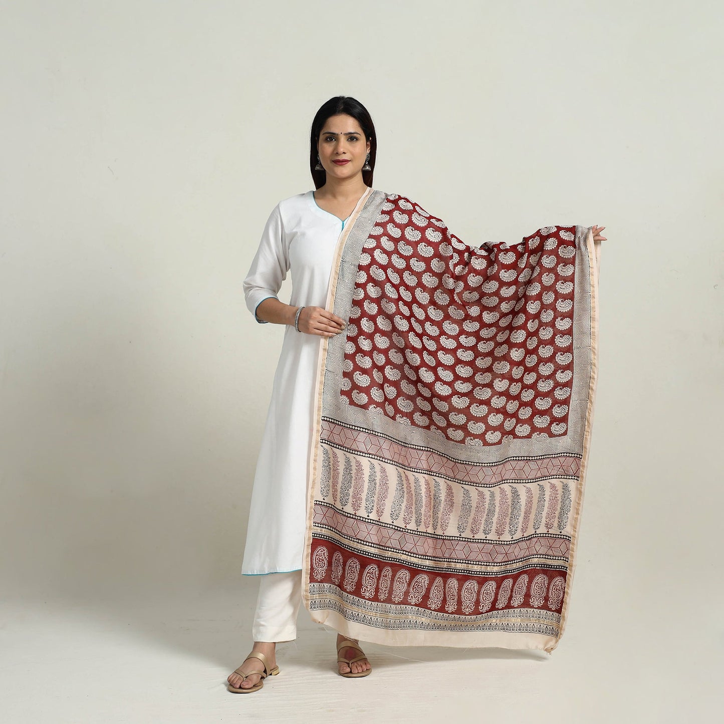  Red Natural Dyed Hand Block Print Chanderi Silk Bagh Dupatta